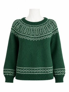 Size XL Handmade Women’s Green Fair Isle Nordic Knit Sweater